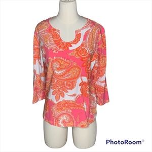 Ruby Rd. Orange Pink Tunic Blouse Top 3/4 Sleeve - Size PL